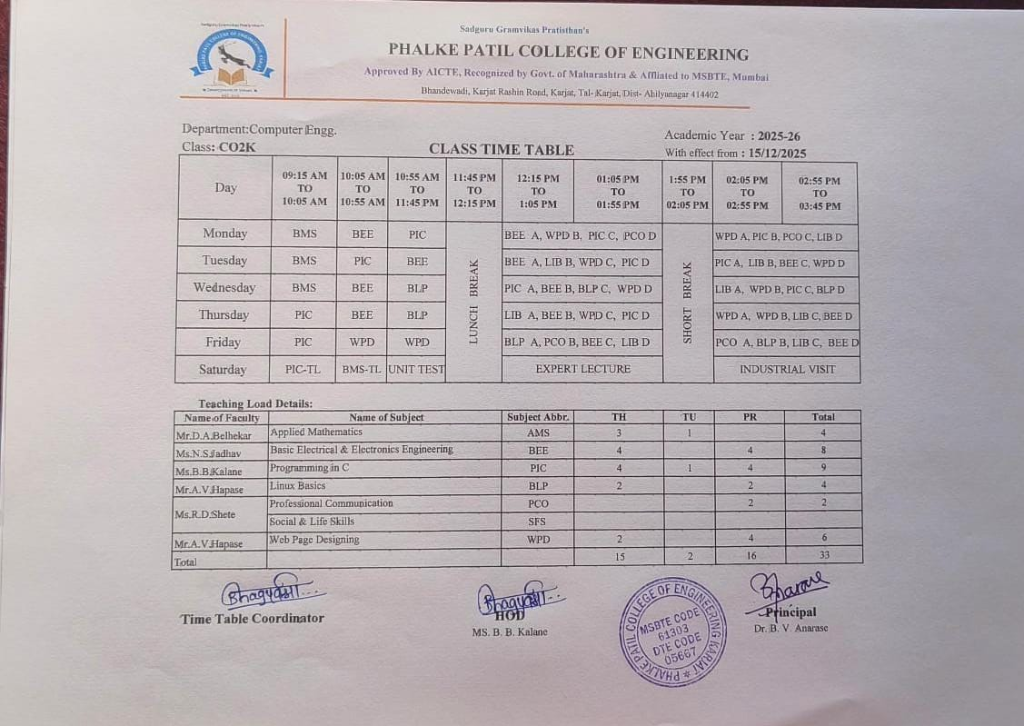 Computer Engineering Time Table