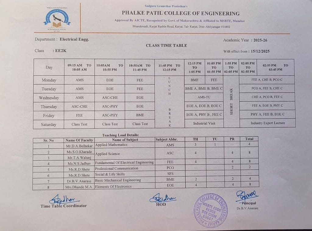 Electrical Engineering Time Table